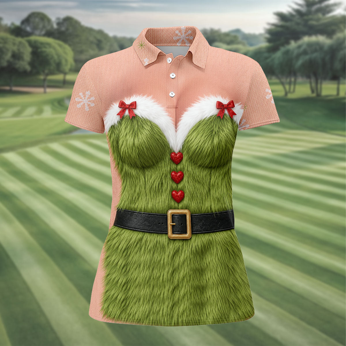 Funny Green Furry Christmas Costume Polo Shirt, Women’s Golf Polo, Ladies Golf Tops