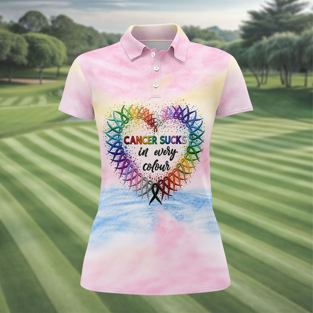 Cancer Sucks In Every Colour Ribbon Heart Polo Shirt, Ladies Golf Tops, Women’s Golf Polo