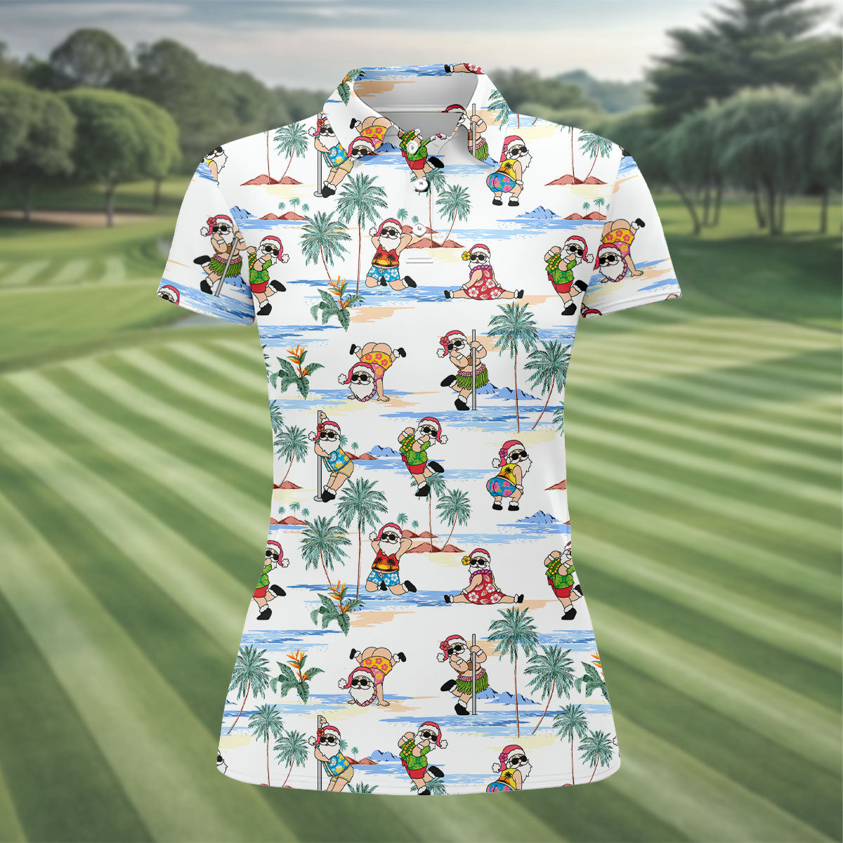 Beach Party Santa Christmas Golf Shirt, Women's Golf Tops, Printed Golf Shirt, Golf Polo For Women
