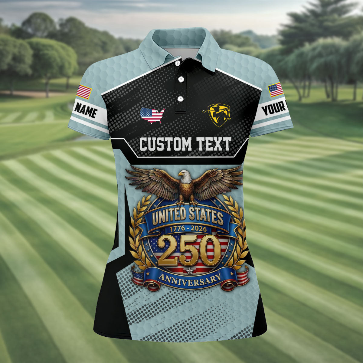 US 250 Anniversary Patriotic 4th Of July Blue Grey Golf Shirt, Ladies Golf Shirts, Golf Shirt For Women