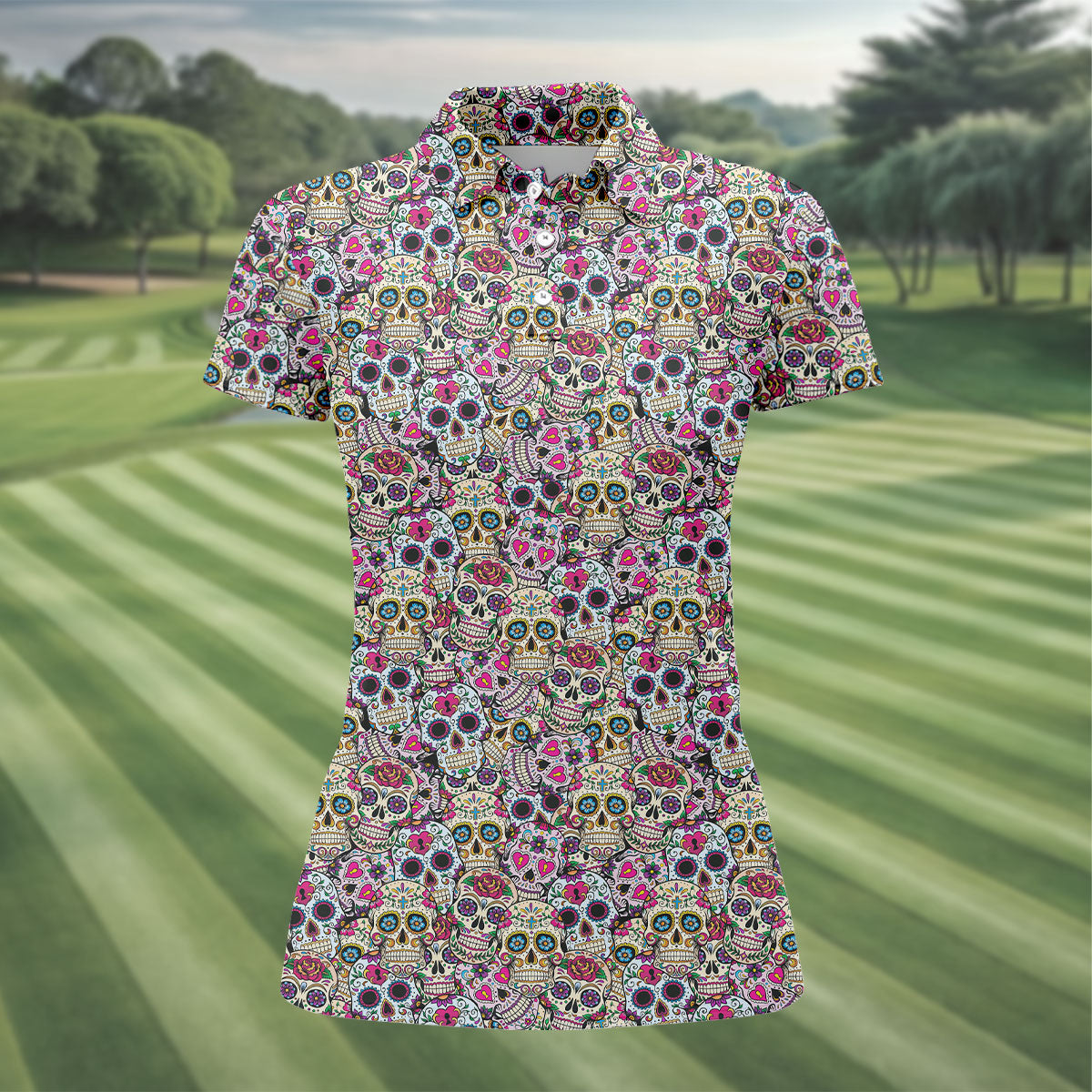 Colorful Sugar Skull Floral Golf Polo Shirt, Golf Shirts For Women, Women’s Golf Polo