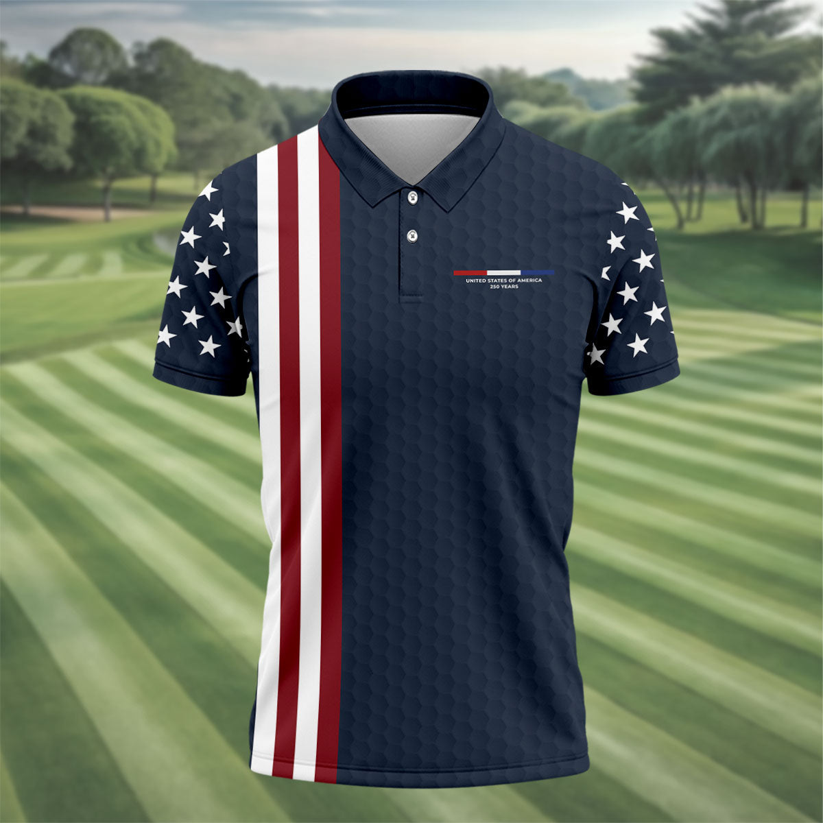 250 Years US Bald Eagle Golf Ball Pattern Golf Shirt, Patriotic 4th Of July Golf Shirts For Men