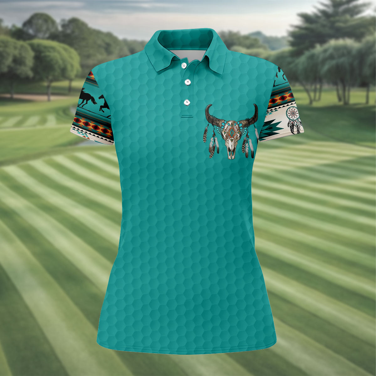 Turquoise Southwestern Bull Skull Golf Polo Shirt, Golf Tops For Women, Hawaiian Golf Shirt