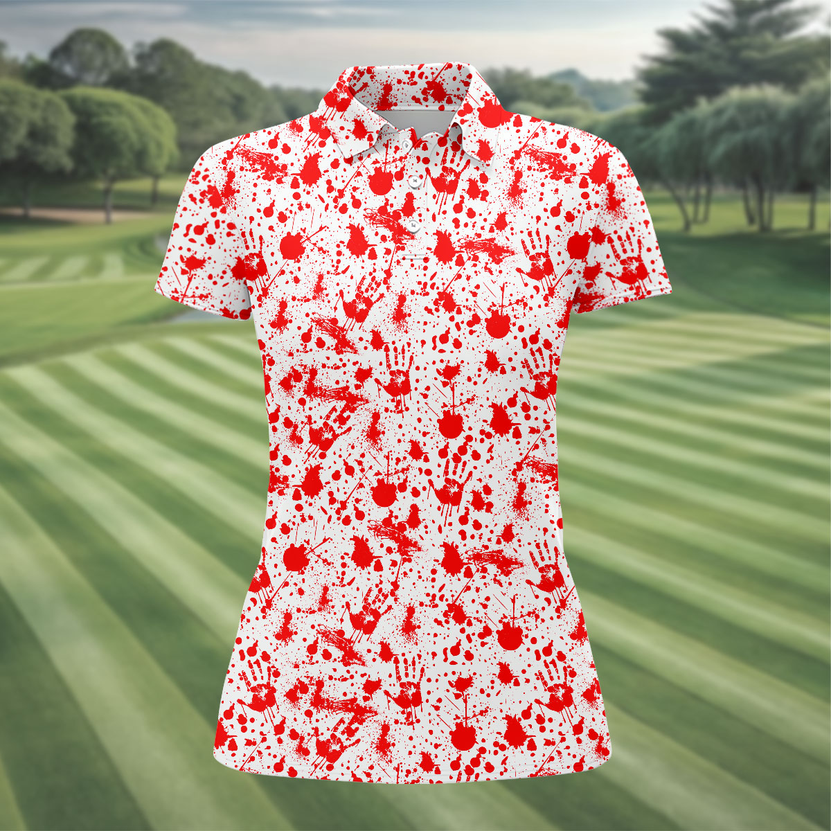 Horror Character Blood Splatter Pattern Golf Polo Shirt, Women's Golf Polo, Ladies Golf Shirts