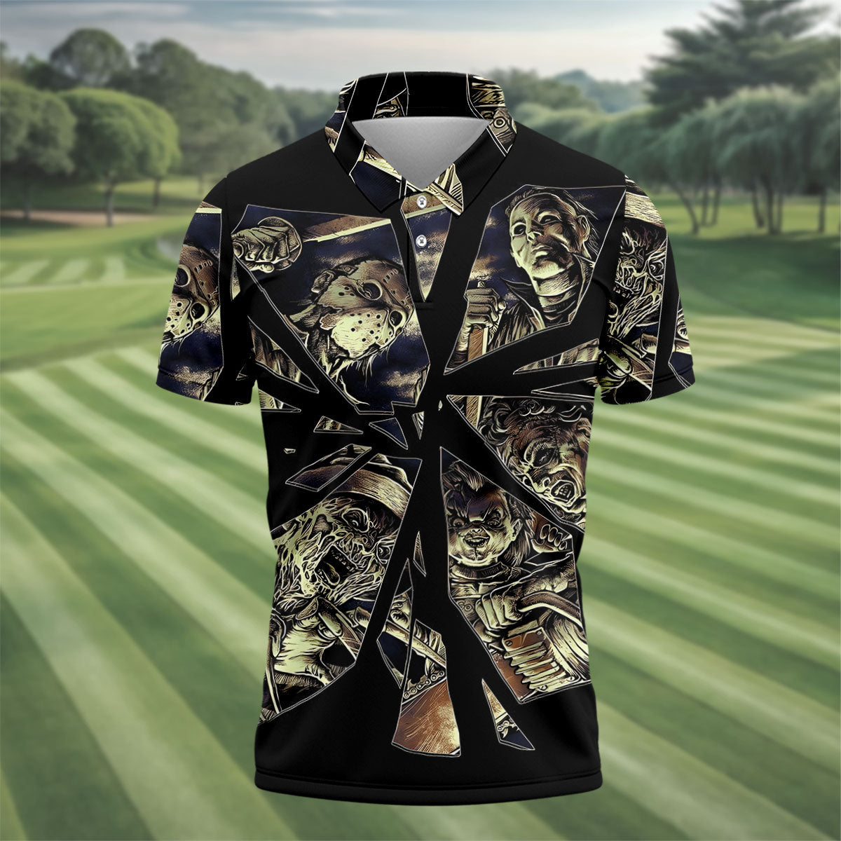 Broken Glass Horror Character Collage Golf Polo Shirt, Mens Golf Shirts, Hawaiian Golf Shirt