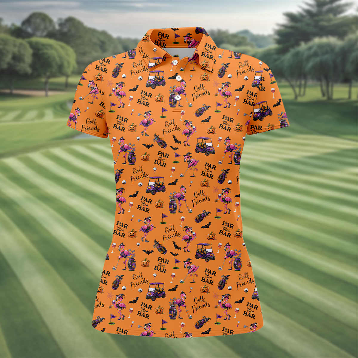 Orange Par Then Bar Flamingo Halloween Shirt, Golf Shirts For Women, Ladies Golf Tops