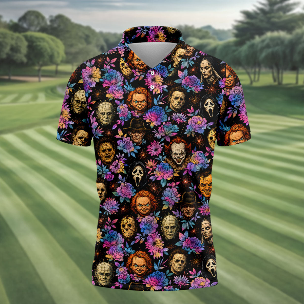 Floral Horror Character Halloween Golf Shirt, Golf Shirts For Men, Mens Golf Apparel