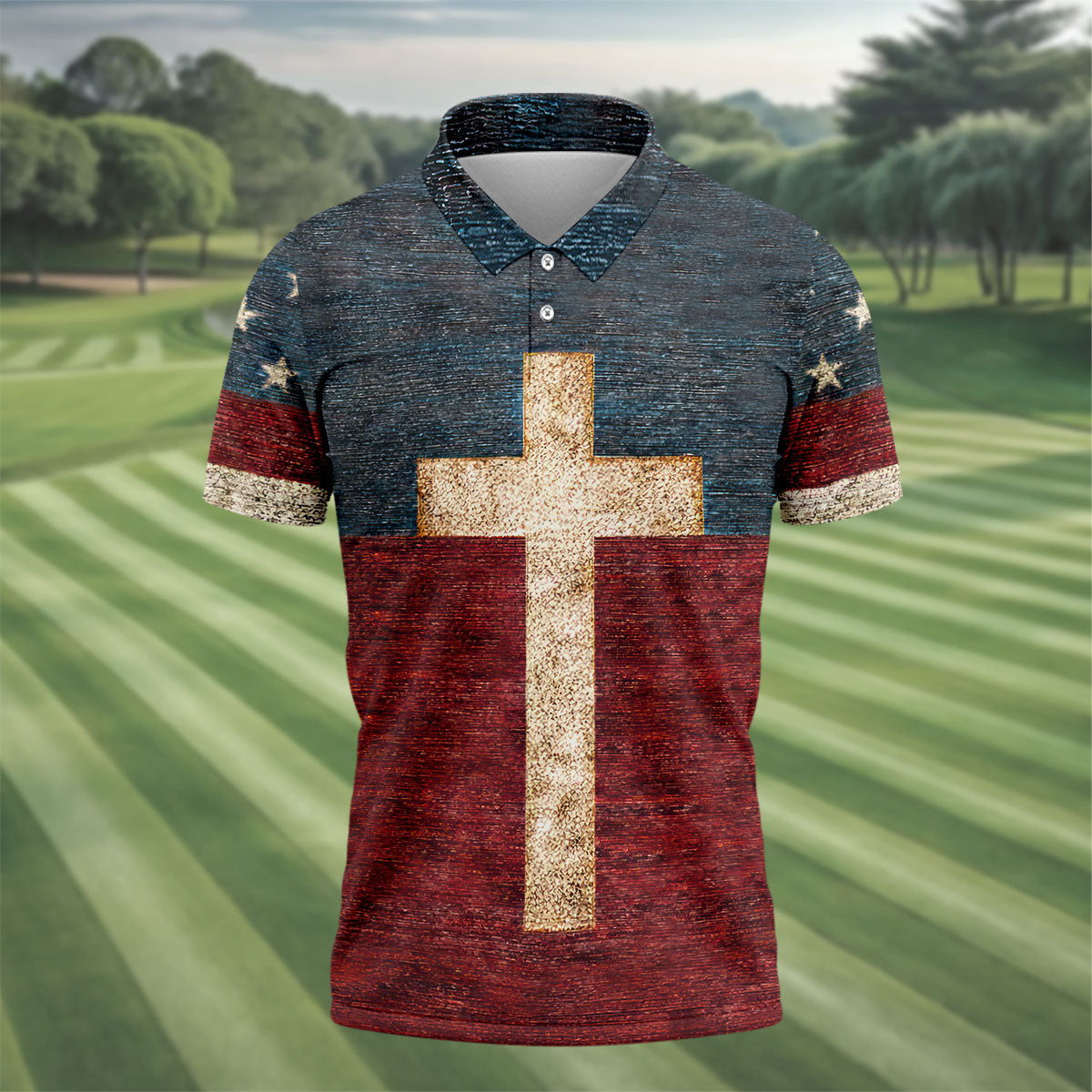 American Flag USA Faith Christian Cross Golf Shirt, Patriotic 4th Of July Golf Shirts For Men