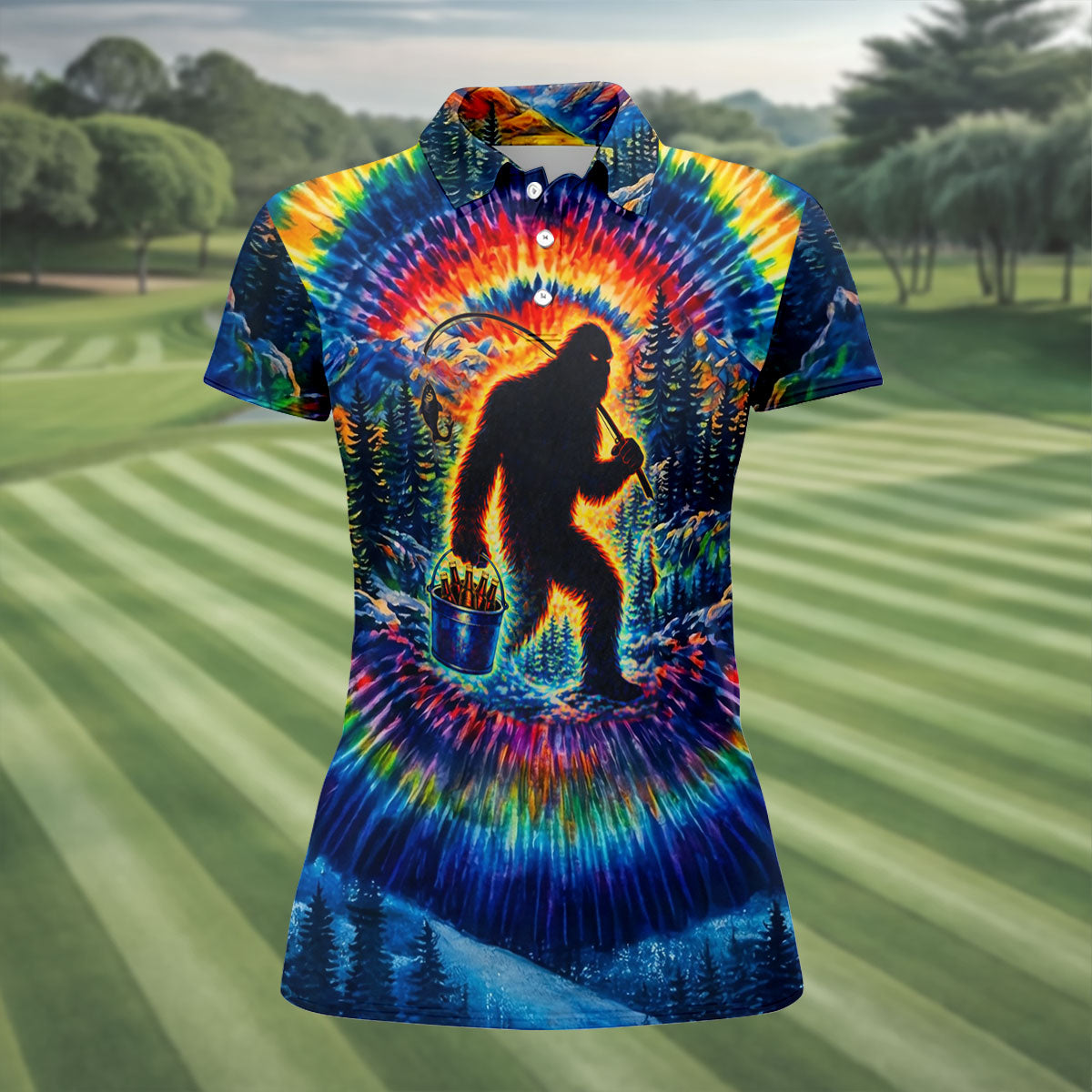 Tie Dye Bigfoot Fishing Forest Golf Shirt, Women’s Golf Apparel, Golf Tops For Women