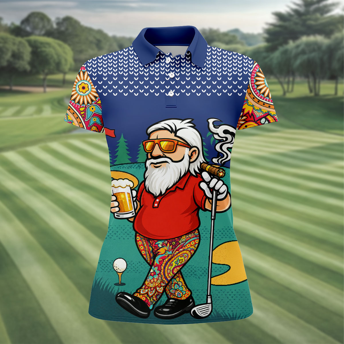 Women's Funny Golf Santa Beer And Cigar Polo Shirt, Christmas Golf Shirt, Women’s Golf Polo, Women’s Golf Apparel