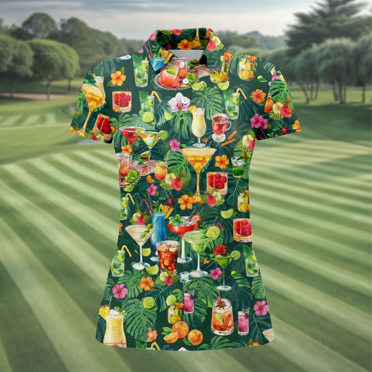 Tropical Cocktail Drinks And Floral Paradise Golf Polo, Hawaiian Golf Shirt, Ladies Golf Tops