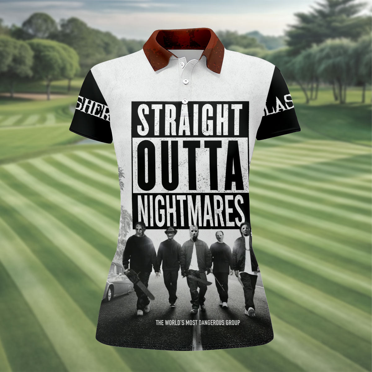 Straight Outta Nightmares Horror Character Golf Polo Shirt, Womens Golf Polo, Ladies Golf Shirts