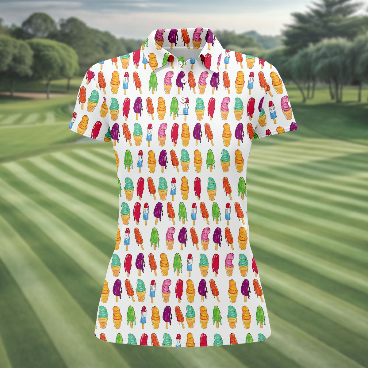 Colorful Ice Cream Pattern Golf Polo Shirt, Golf Tops For Women, Ladies Golf Top