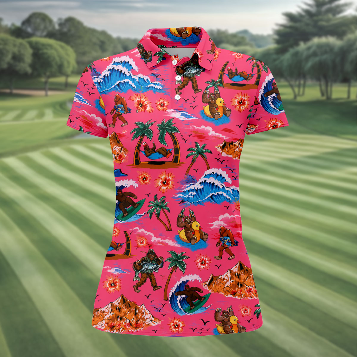 Pink Bigfoot Aloha Beach Vacation Golf Shirt, Golf Polo For Women, Printed Golf Shirt