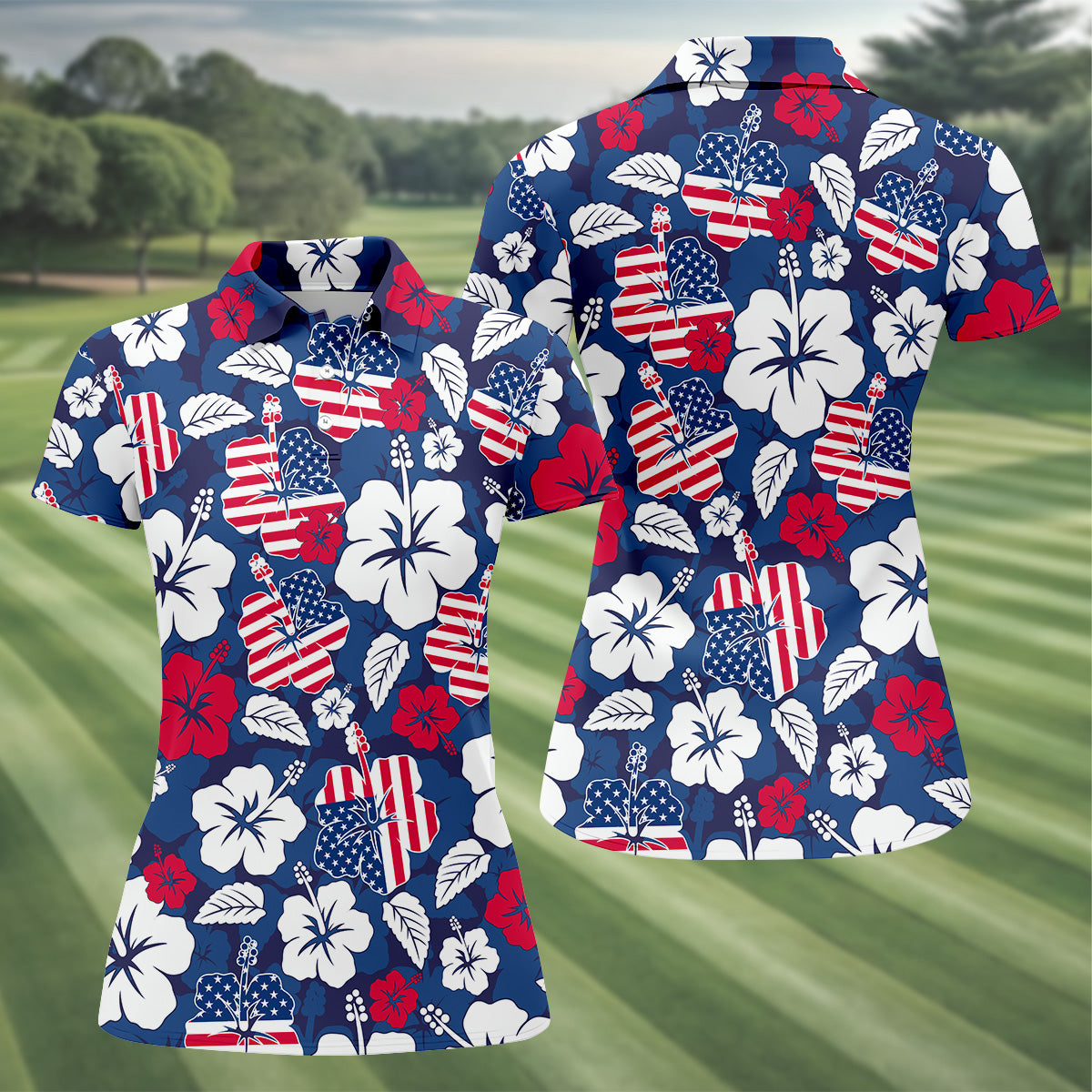 Tropical Hibiscus American Flag Womens Golf Polo Shirt, 4th Of July Shirts, US 250 Anniversary Ladies Golf Shirt