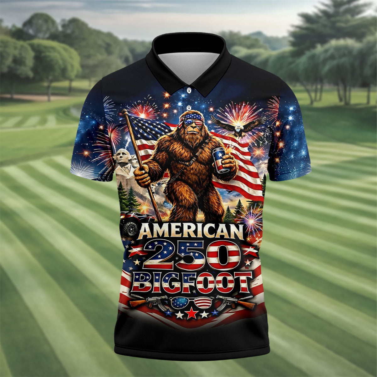 American 250 US Flag Pattern Bigfoot Golf Shirt, Patriotic 4th Of July Golf Shirts For Men