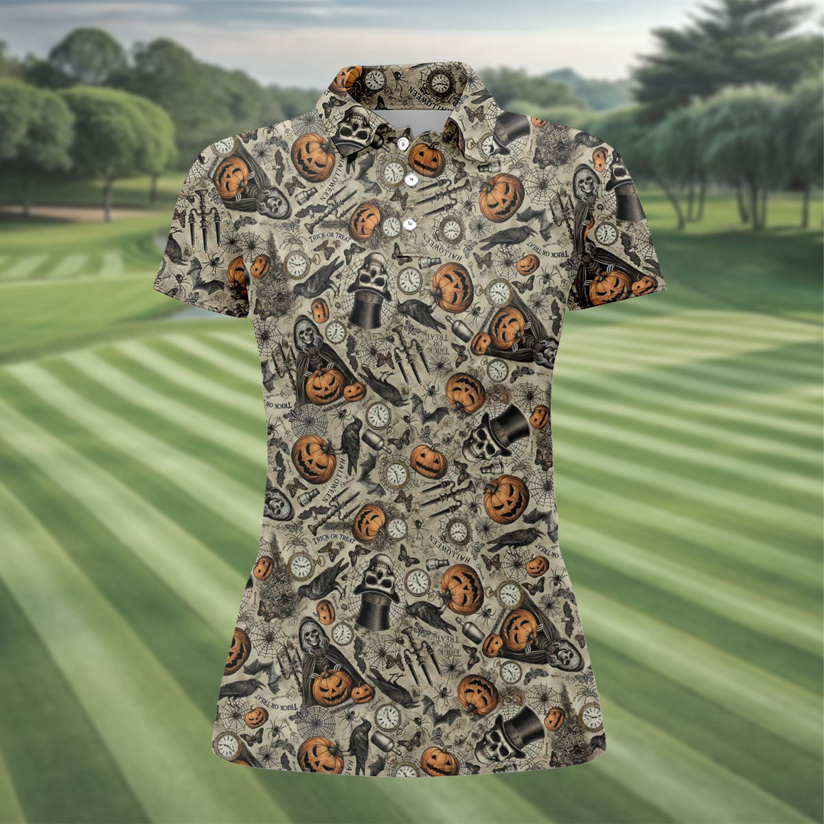 Pumpkin Skull Halloween Sleeveless Golf Shirt, Golf Tops For Women, Womens Golf Tops