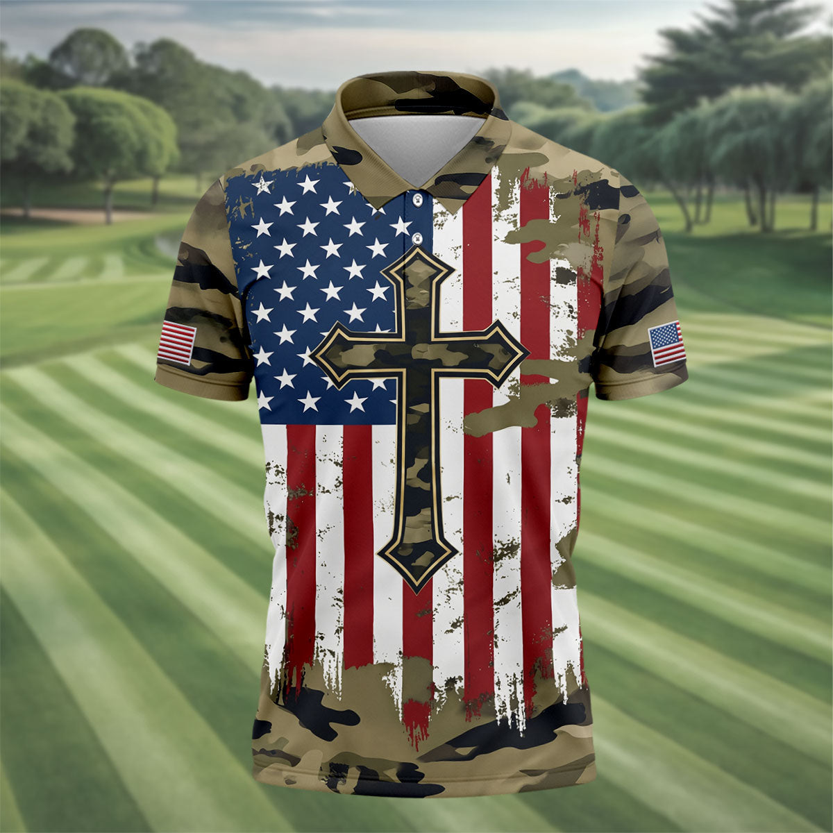 Faith Cross Green Camouflage US 250th Anniversary Golf Shirt, Patriotic Golf Shirt, Golf Shirts For Men