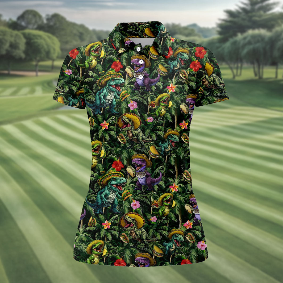 Hawaiian Dinosaur Sombreros Tacos Cinco De Mayo Celebration Fiesta Themed Golf Shirt For Women