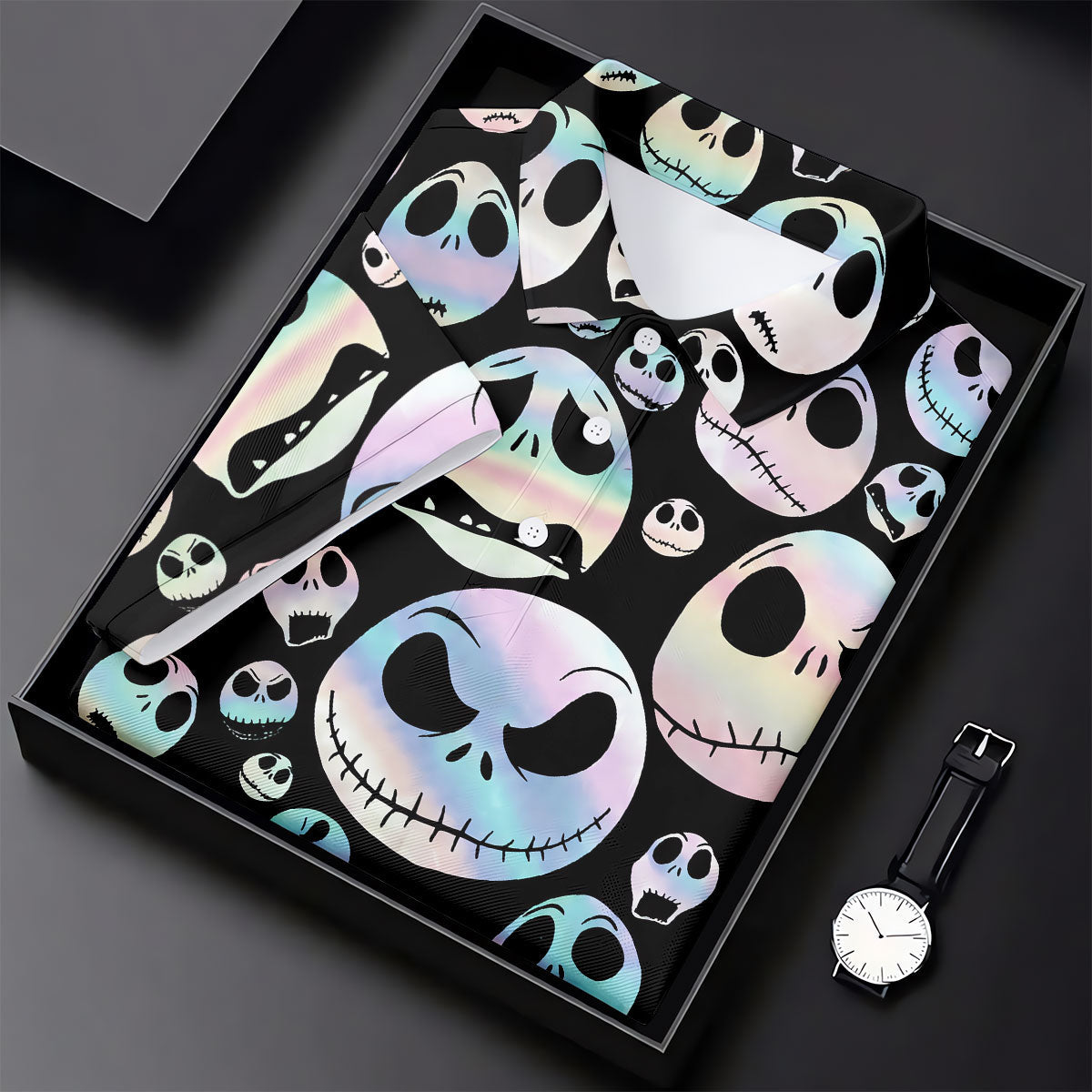 Black Horror Character Skull Face Pattern Golf Polo Shirt, Ladies Golf Shirts, Womens Golf Tops