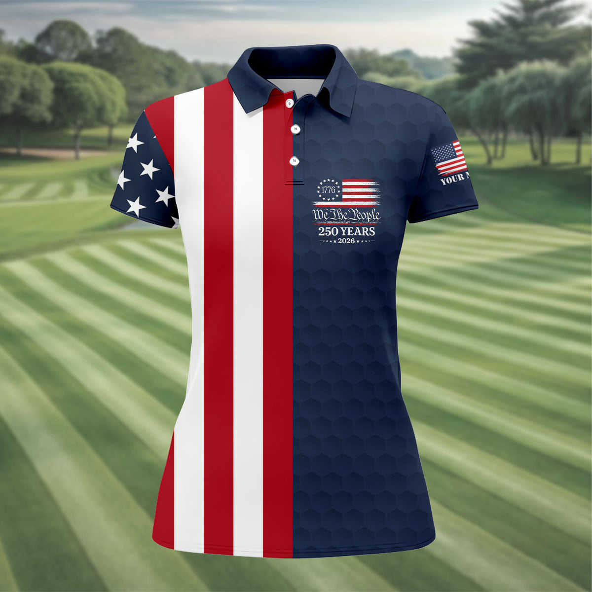 We The People Golf Ball Pattern 250 Years Patriotic 4th Of July US Flag Golf Shirt For Women