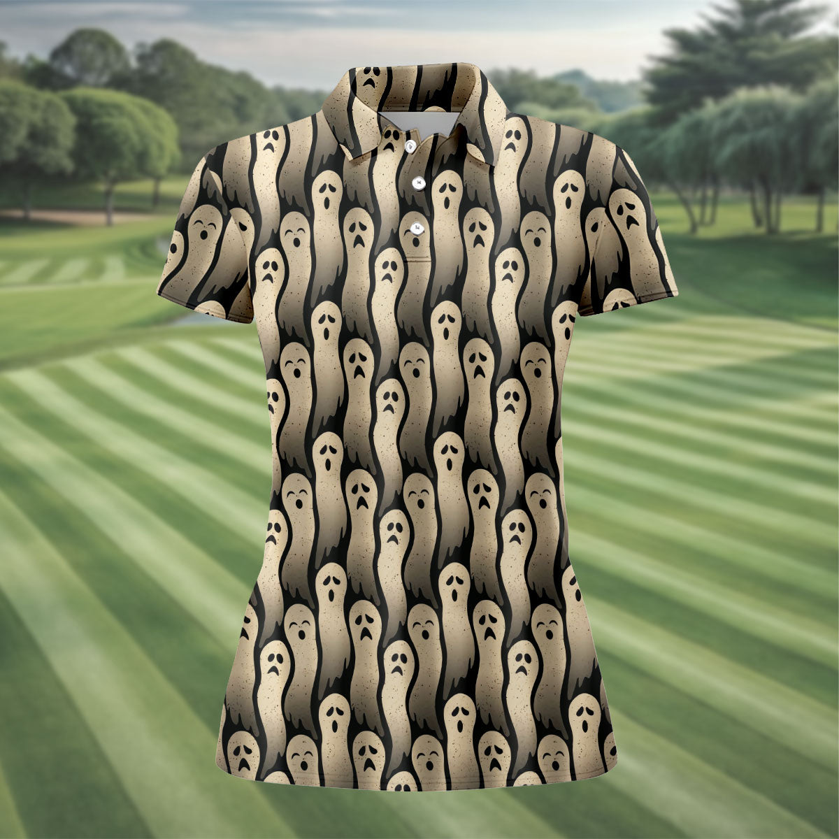 Halloween Ghost Pattern Golf Polo Shirt, Women's Golf Polo, Ladies Golf Shirts