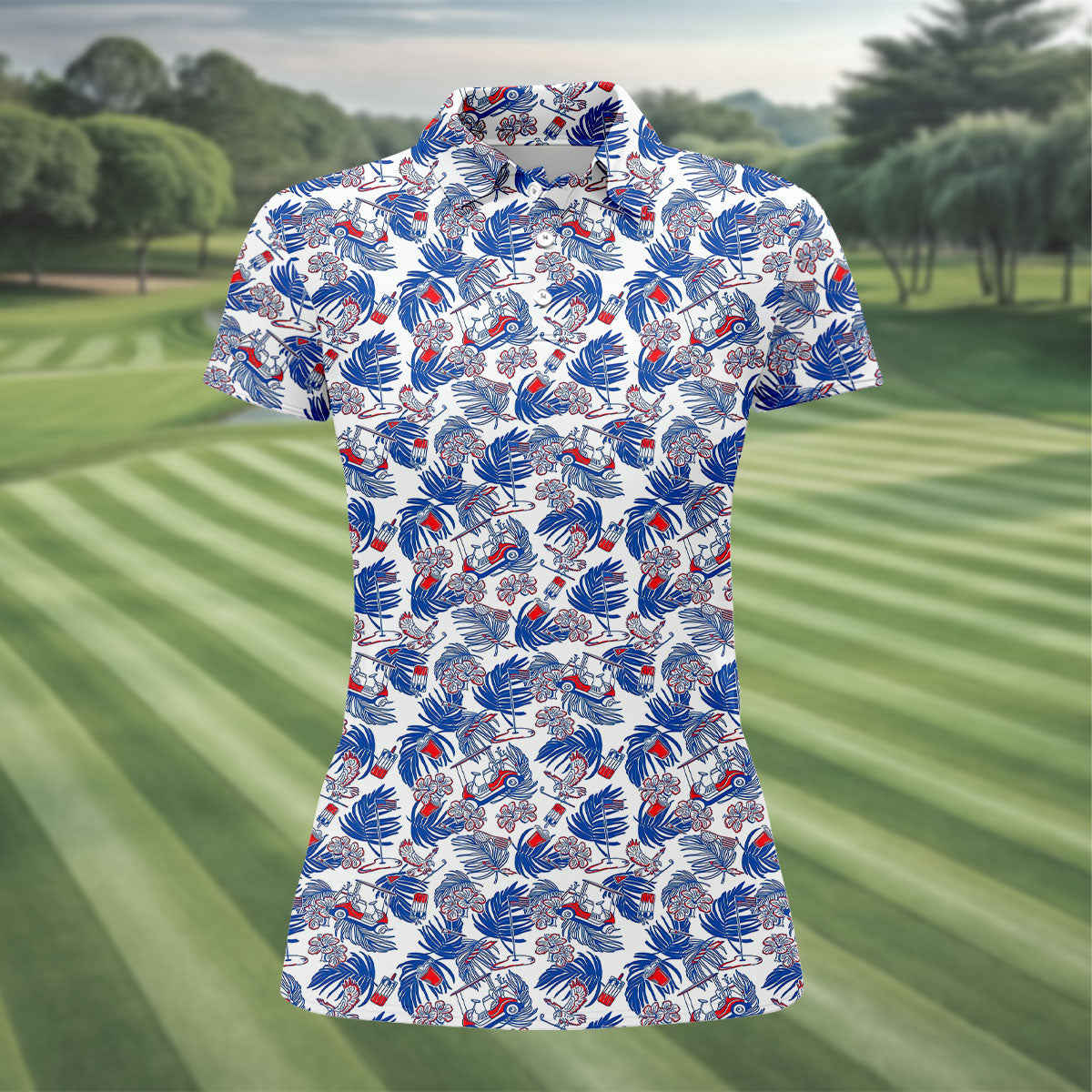 Par-Tee In The USA Red White Blue Tropical Golf Shirt, 250 Years Patriotic 4th Of July Golf Shirt For Women