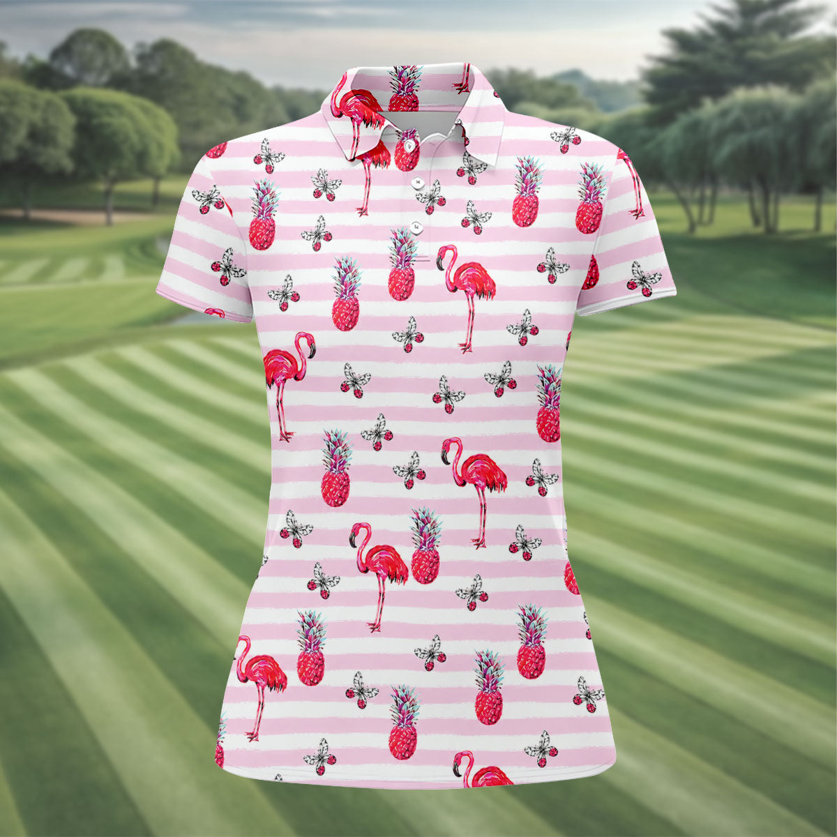 Pink Flamingo Pineapple Hawaiian Golf Polo Shirt, Golf Tops For Women, Printed Golf Shirt