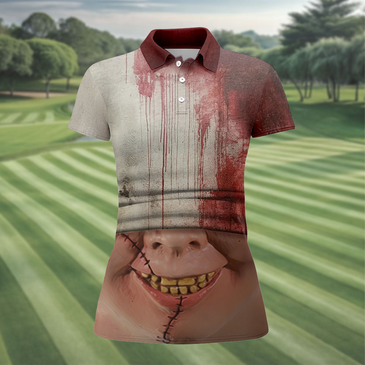 Stitched Face Horror Character Halloween Polo Shirt, Women’s Golf Polo, Ladies Golf Tops