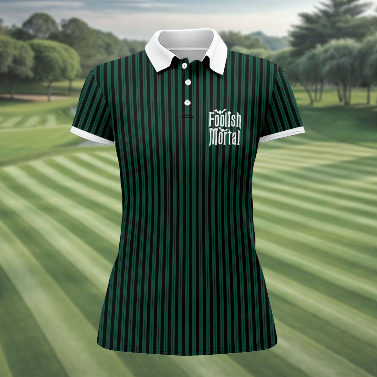 Green Foolish Mortal Striped Golf Polo Shirt, Golf Shirts For Women, Halloween Tops For Women