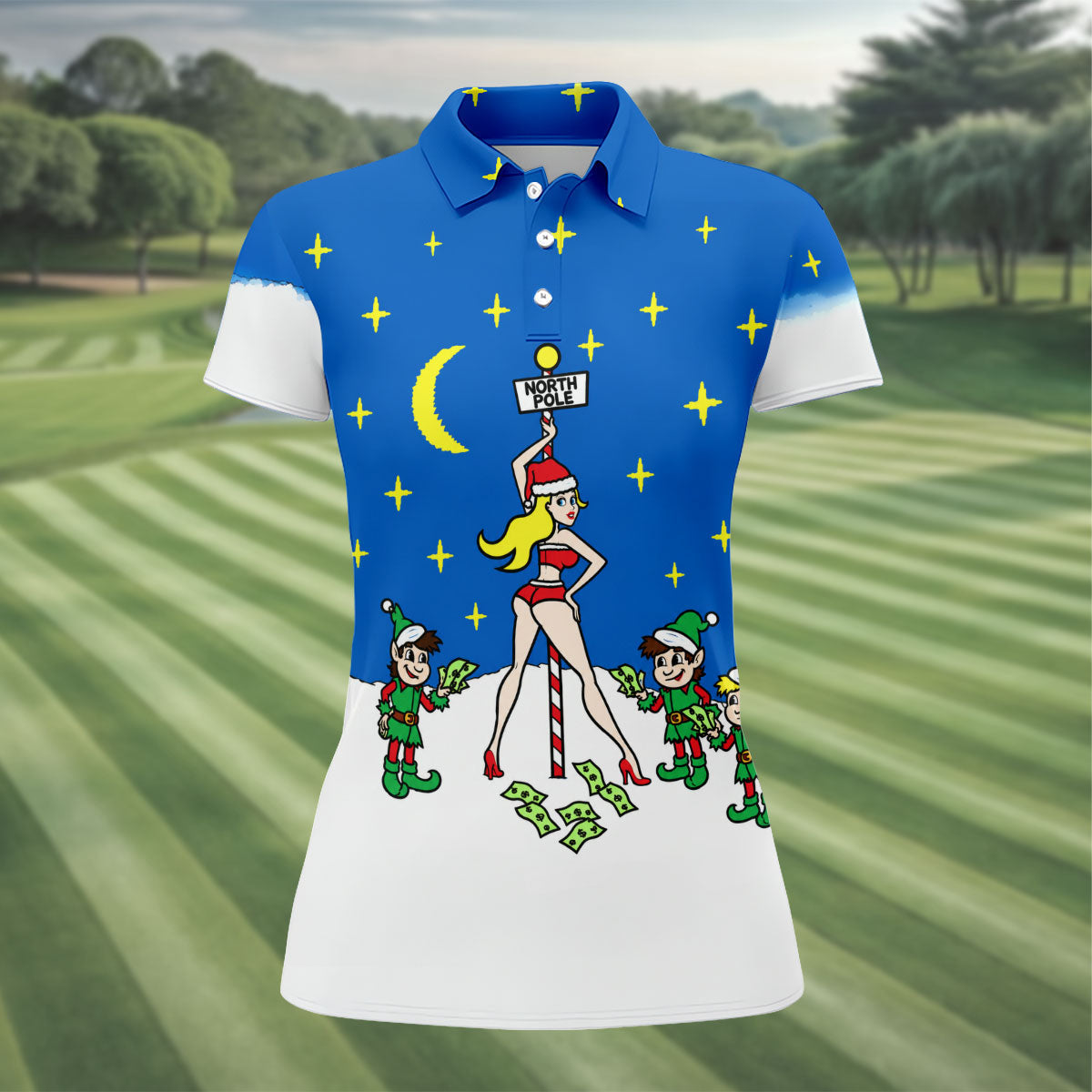 Funny North Pole Christmas Pin Up Polo Shirt, Women’s Golf Polo, Golf Tops For Women