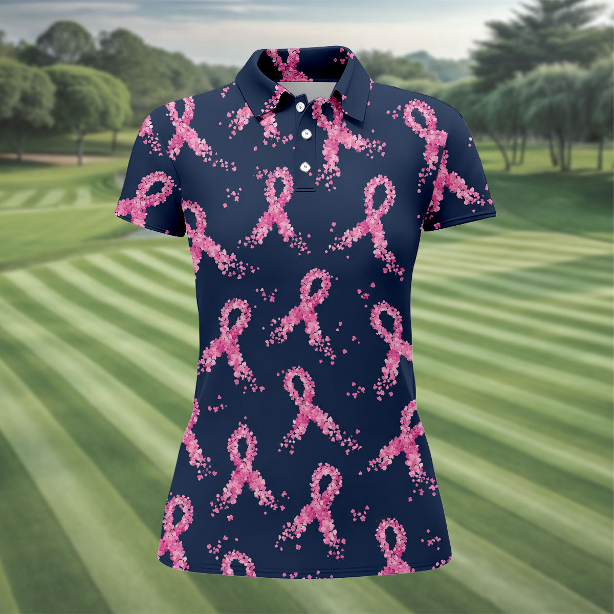 Pink Floral Ribbon Breast Cancer Awareness Polo Shirt, Ladies Golf Shirt, Performance Golf Shirt