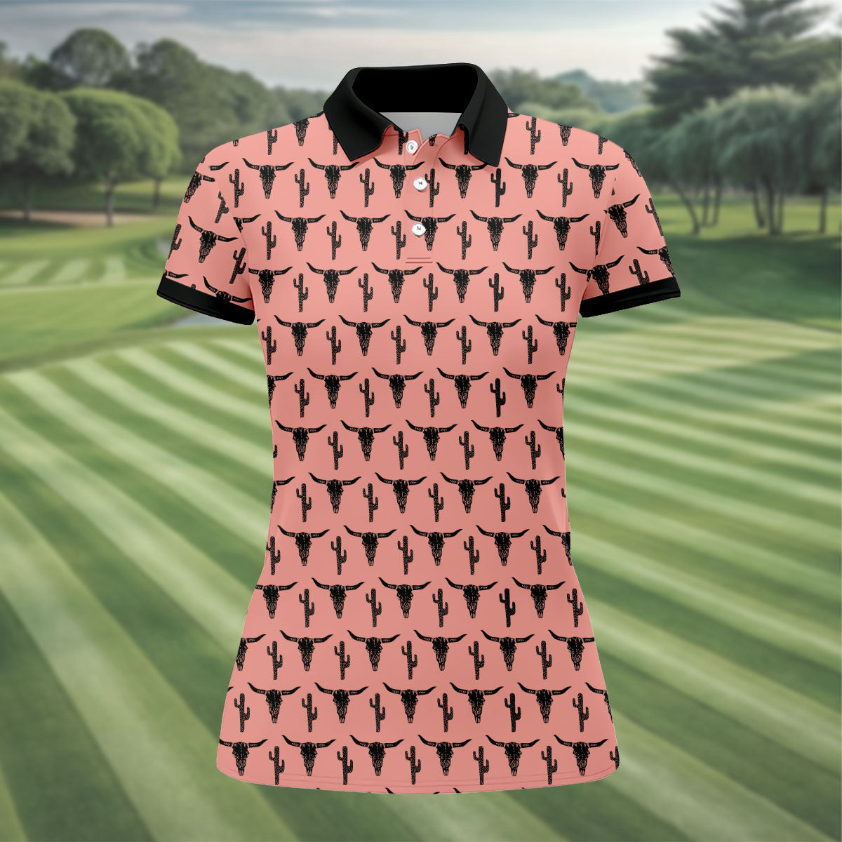 Longhorn Cow Skull Western Theme Peach Pink Women Golf Top, Ladies Golf Shirts, Golf Shirt For Women