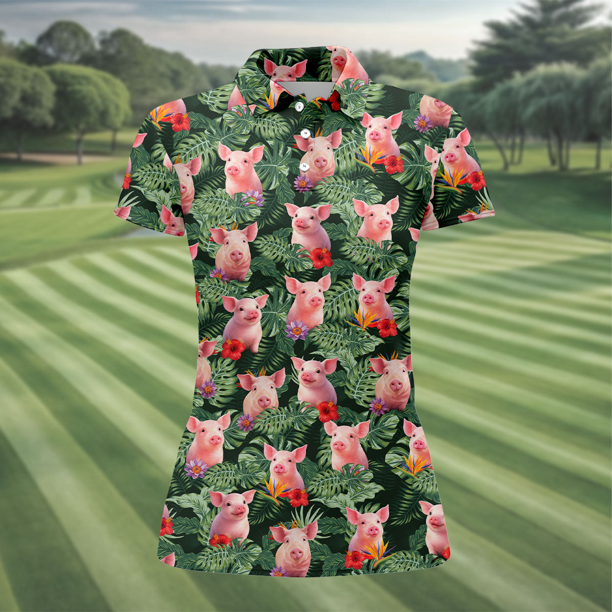 Cute Pig Tropical Monstera Hawaiian Golf Polo Shirt, Golf Shirts For Women, Women's Golf Apparel