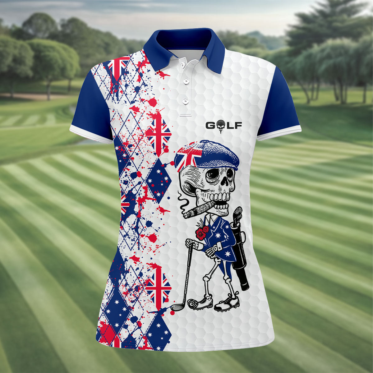 Swing Swear Look For Ball Repeat Australia Flag Print Skeleton Golfer Argyle Golf Shirt, Women's Golf Tops