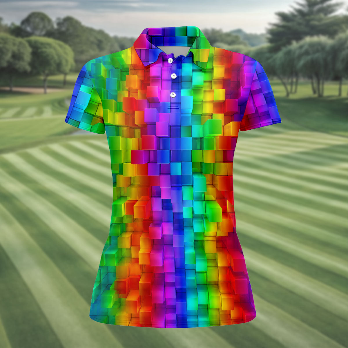 Rainbow Cube 3D Effect LGBT Support Ladies Golf Tops, Gay Pride Month Celebrate Golf Shirt For Women