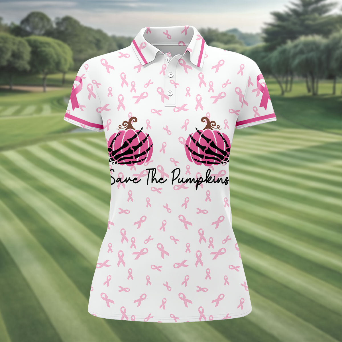 Save The Pumpkins Breast Cancer Ribbon Polo Shirt, Golf Tops For Women, Printed Golf Shirt