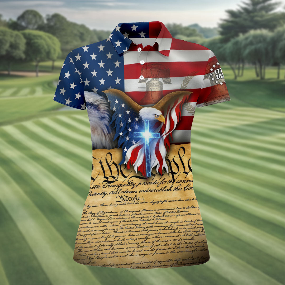 God Bless America 250 Years Of Freedom Faith Cross Patriotic Golf Shirt, 4th Of July Golf Shirt For Women