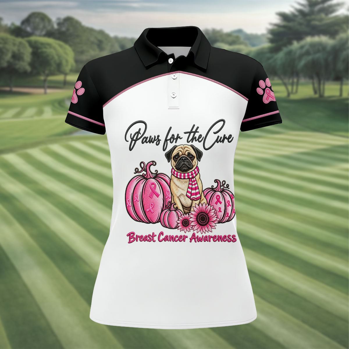 Paws For The Cure Pug Breast Cancer Polo Shirt, Womens Golf Polo, Golf Tops For Women