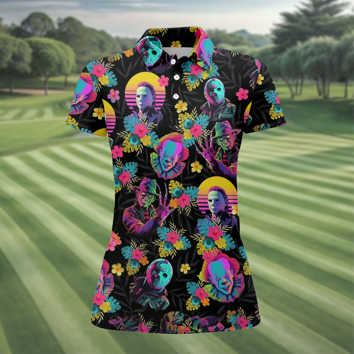 Neon Floral Halloween Horror Character Hawaiian Golf Shirt, Women's Golf Tops, Ladies Golf Shirts
