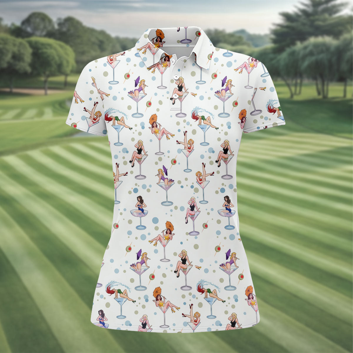 Retro Pin Up Martini Cocktail Hawaiian Golf Shirt, Ladies Golf Shirts, Performance Golf Shirt