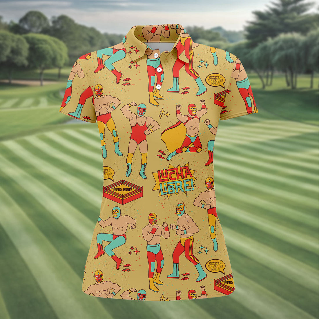 Yellow Lucha Libre Mexican Wrestler Pattern Golf Shirt, Hawaiian Golf Shirt, Ladies Golf Tops