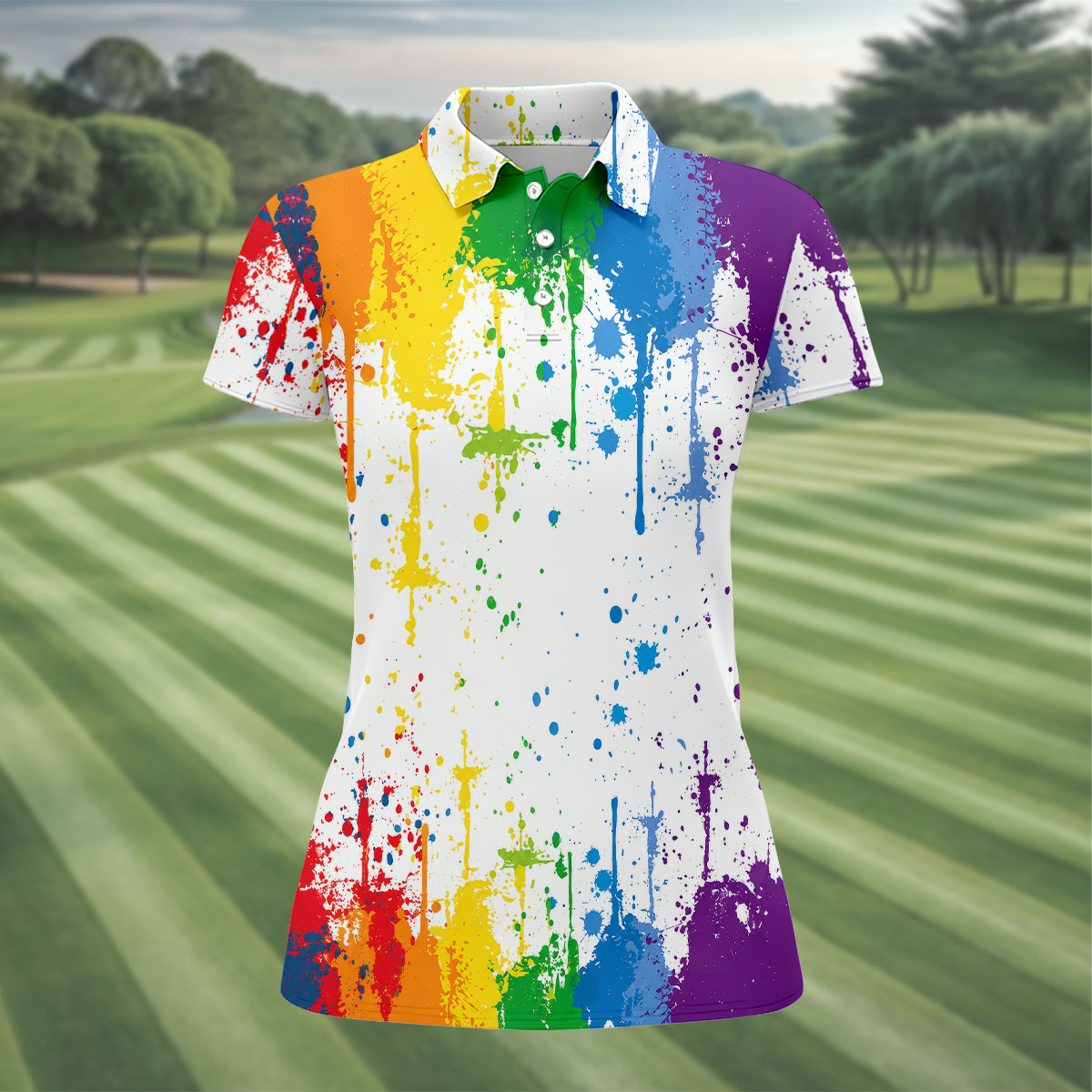Rainbow Paint Splatter LGBT Support Ladies Golf Tops, Pride Month Golf Shirt For Women