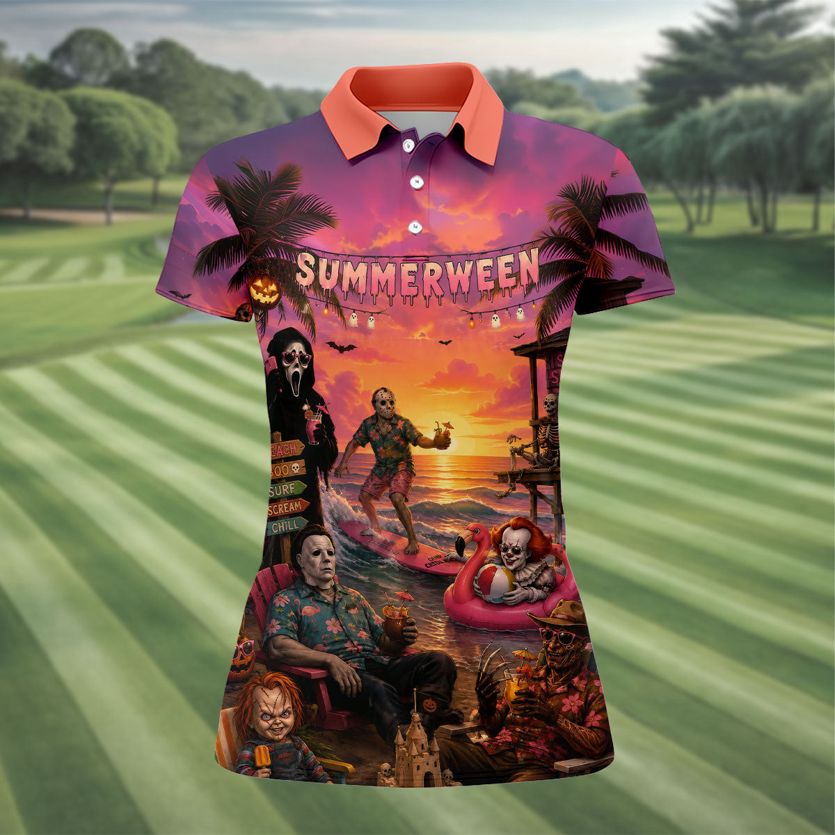 Summerween Halloween Horror Character Golf Shirt, Golf Shirts For Women, Printed Golf Shirt