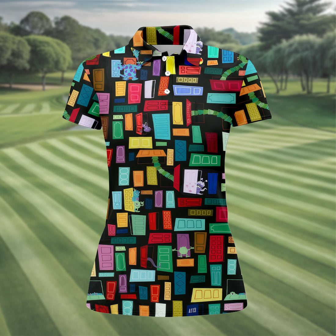 Monster Door Golf Shirt, Colorful Animated Monster World Pattern, Golf Shirt For Women