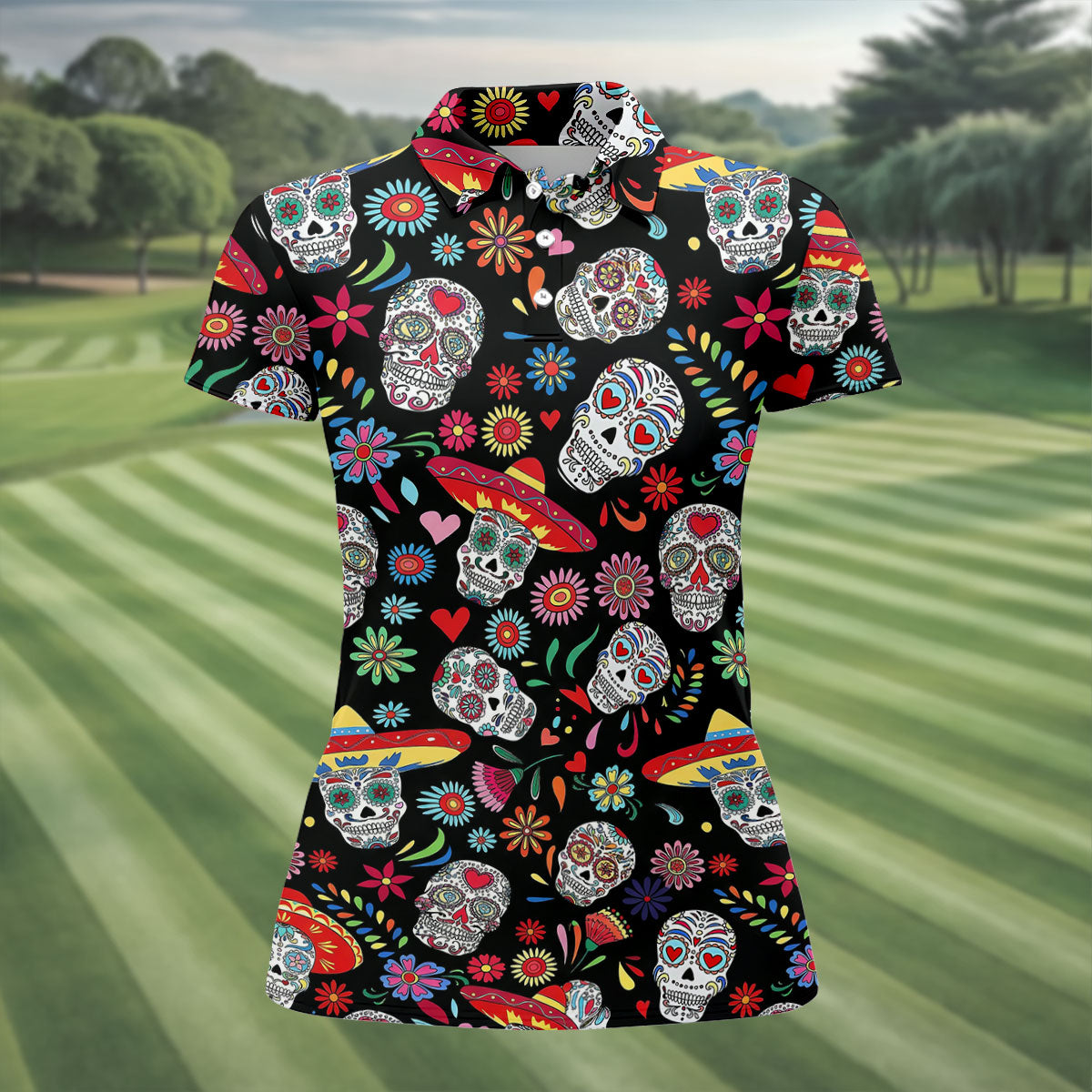 Day Of The Dead FLoral Sugar Skull Cinco De Mayo Celebration Fiesta Themed Golf Shirt For Women