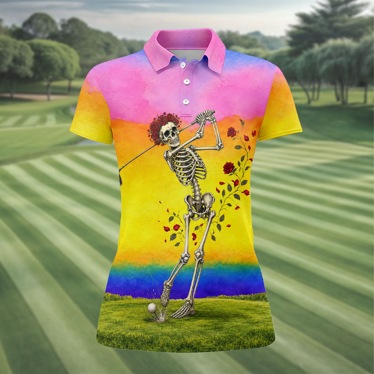 Rainbow Skeleton Golfer Golf Polo Shirt, Women's Golf Polo, Ladies Golf Shirts