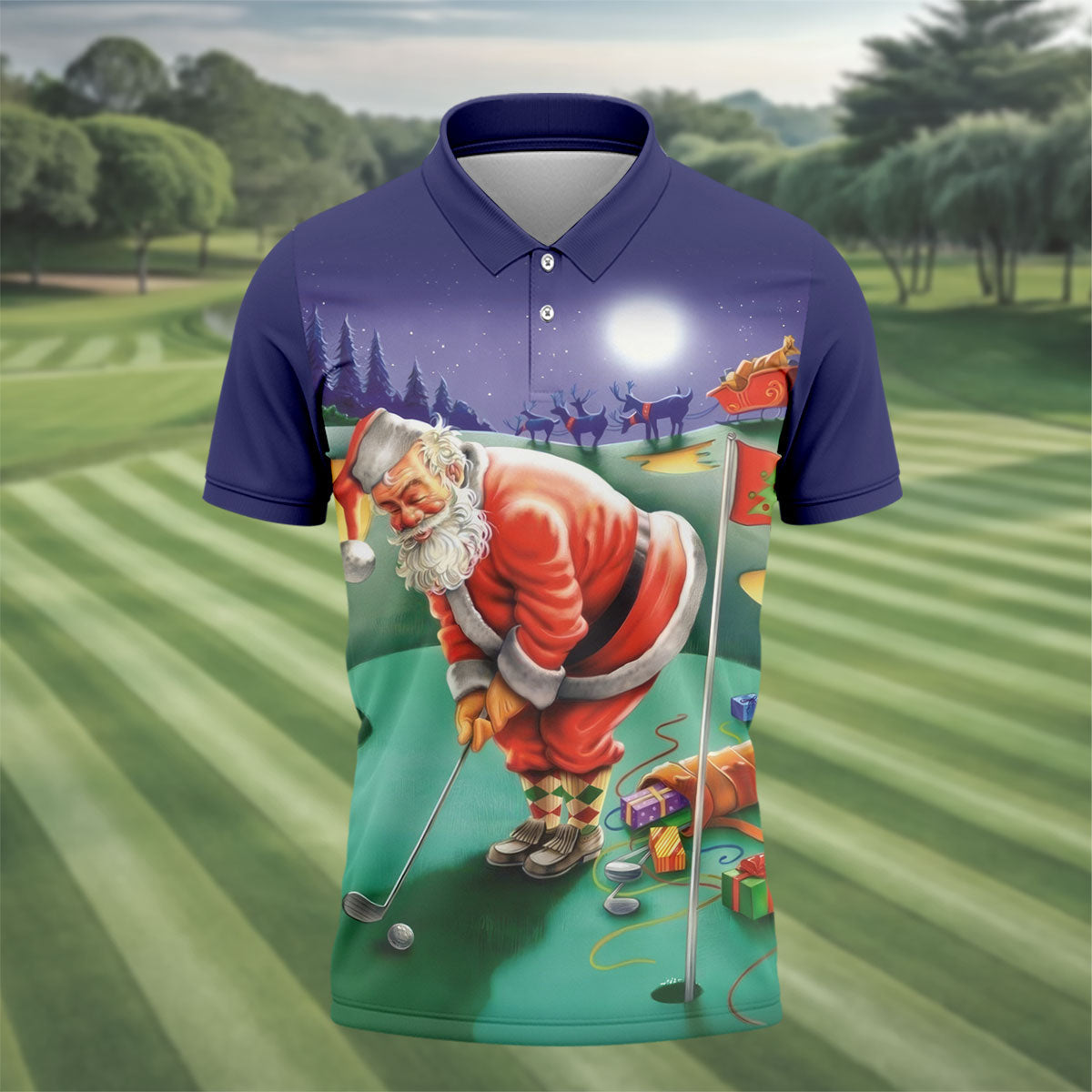 Men's Santa Night Golf Scene Golf Shirt, Christmas Golf Shirt, Golf Apparel For Men