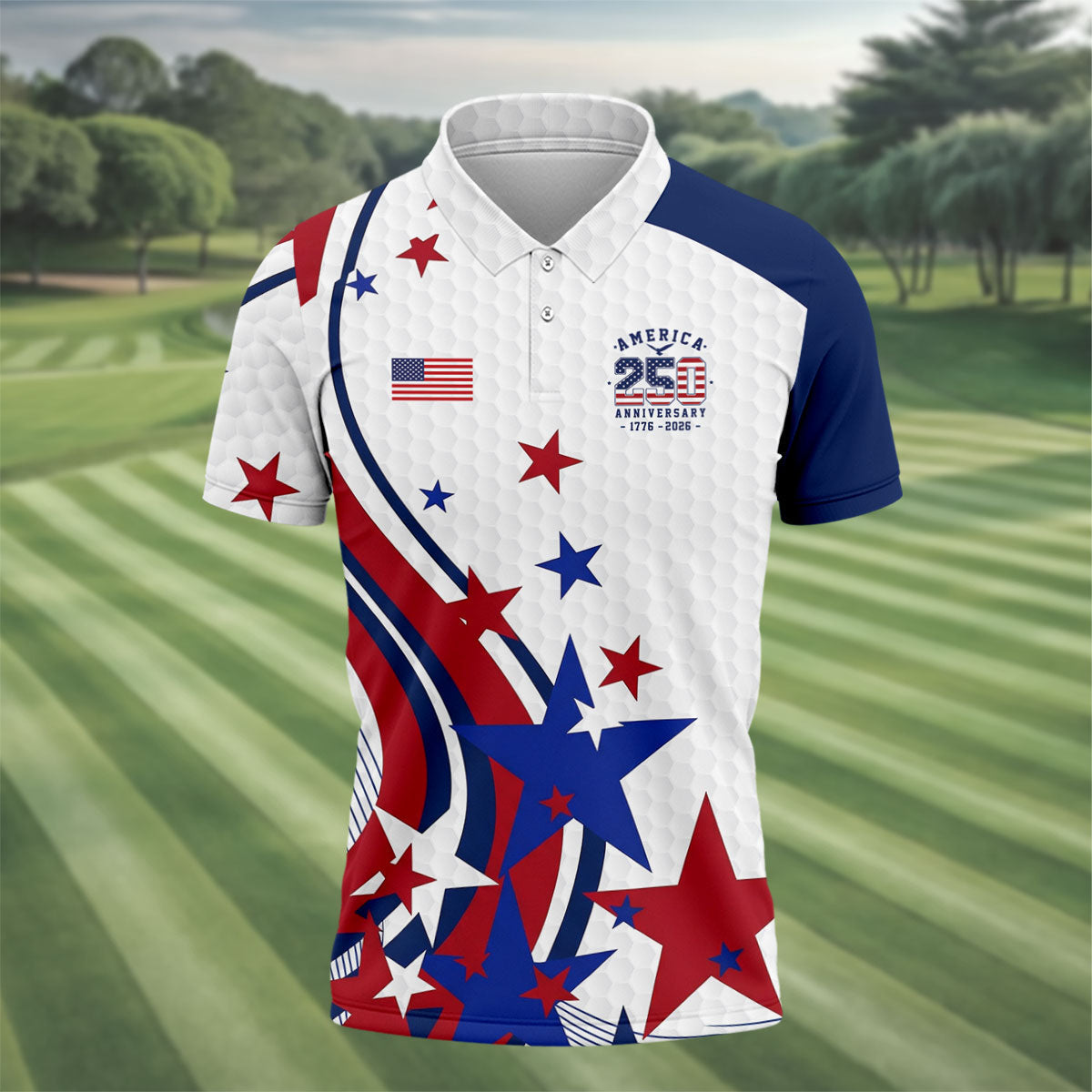 Red White Blue Stars And Stripes Patriotic 4th Of July Golf Shirt, 250 Years Golf Shirts For Men
