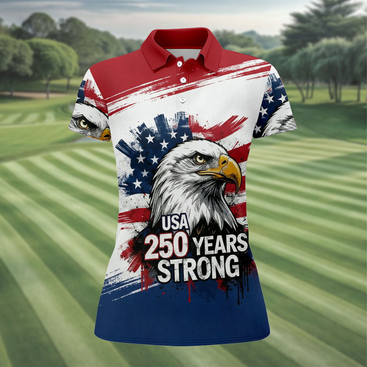 USA 250 Years Strong Bald Eagle American Flag Golf Shirt, Patriotic 4th Of July Golf Shirt For Women